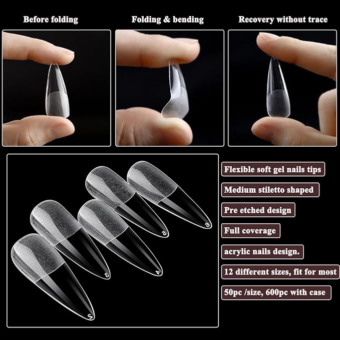 LoveOurHome 600pc Medium Stiletto Nail Tips Fake Nails, Clear Press on Nails Medium Gel Nail Tips Stiletto Acrylic Nails Pointy False Nails Clear Artificial Fingernail for Gel Nail Extension