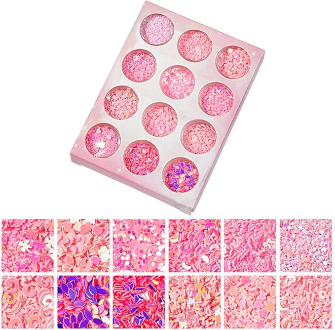 Nail Art Iridescent Mermaid Pink Flakes Ultra-Thin Colorful Glitter Srquin for Festival Cosmetic Face Hair Nail Craft Decoration 12 Design