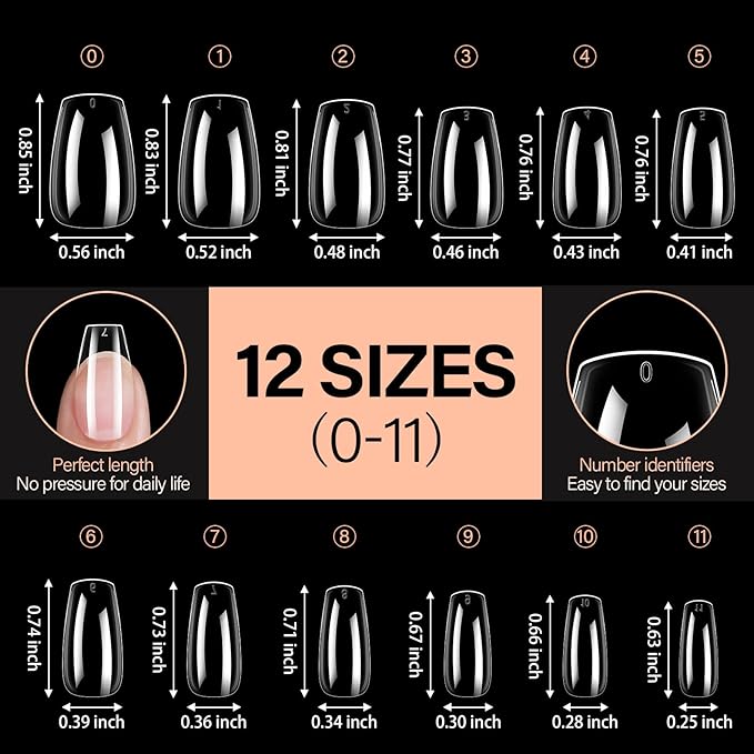 AILLSA Clear Coffin Nail Tips 504pcs Short Gel Nails Tips Soft Full Cover False Nail Tip Pre-shaped Press on Nails Tip for Extensions Gel DIY Salon Art 12 Sizes