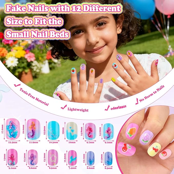 480 Pcs Kids Nails and Glue, Girls Press ons Nail Art Kit with Storage Case, Fake Nails Adhesive, Remover, Stickers, Glitter Cute Stuff Gift for Girls 8-12