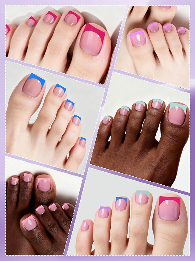 Toe Press On Nails French Tip, EBANKU 150 Pcs Pink Red Blue Purple Light Green Toe Nail Tips Press On Toenails Fake Toe Nail with Nail Glue for Women Nails DIY Salon Home 15 Sizes