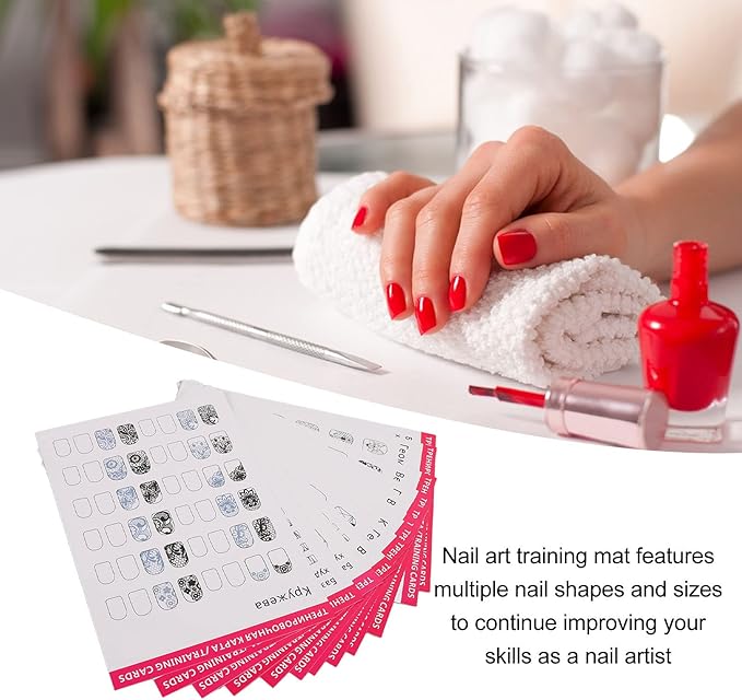 Dioche Nail Art Training Cards Practice Lines Drawing Painting Template, Nail Training Mat Stereograph, Washable Reusable Multi Nail Shapes 12 Modes Nail Art Practice Sheet for Nail