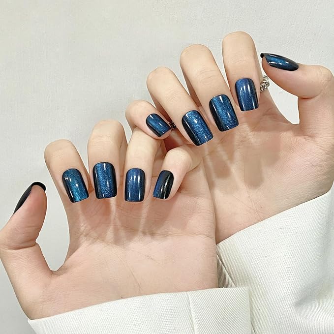 Navy Blue Cat Eyes Press On Nails,12 Sizes - 24 Pcs Soft Gel Navy Blue Medium Square Fake Nails Kit with Nail Glue, Natural Reusable Stick On False Nails for Women and Girls (Skycloud Nails) SK0928