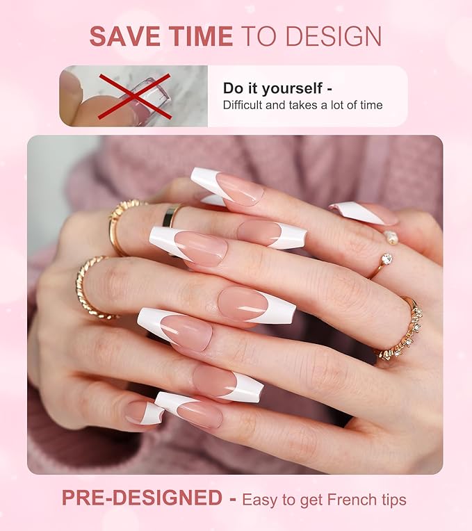 Morily Light Pink White French Tip Press on Nails, 30Pcs Long Coffin Thicker Fake Nails Reusable False Nails with Design, Glossy Acrylic Stick on Nails for Women, 15 Sizes, Include Glass File