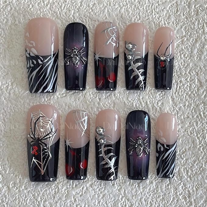 Halloween Handmade Press on Nails Long Square False Nails 3D Spider Designs Full Cover Thick Black French Tip Acrylic Fake Nail Halloween Silver Spider Web Stick on Nail for Women（Size S)