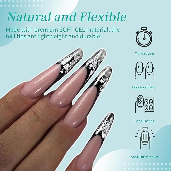 Long Round Nail Tips, 240Pcs Full Cover Soft Gel Nail Tips Pre-shaped 2XL Shape Clear Acrylic False Nail Fake Nail Extension Press On for Salon Home DIY 12 Sizes