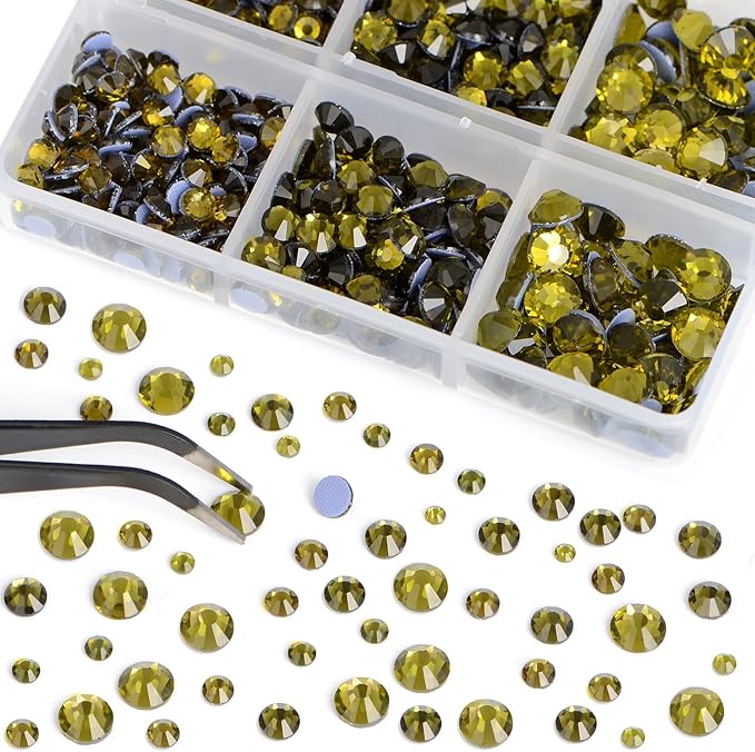 Bymitel Hotfix Crystal Rhinestones Round Gems for Crafts,Mixed 6 Sizes with Wax Pencil Kit, Olivine 1.6-6.3mm SS4-SS30/8000pcs
