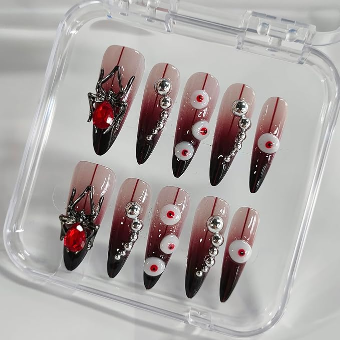 Halloween Press on Nails Long Almond 3D Handmade Nails Thick Acrylic Fake Nails Gothic False Nails with Spider Charms Rhinestones Eyeball Designs Dark Red Sturdy Nail Art Press on Nails 10Pcs(M)
