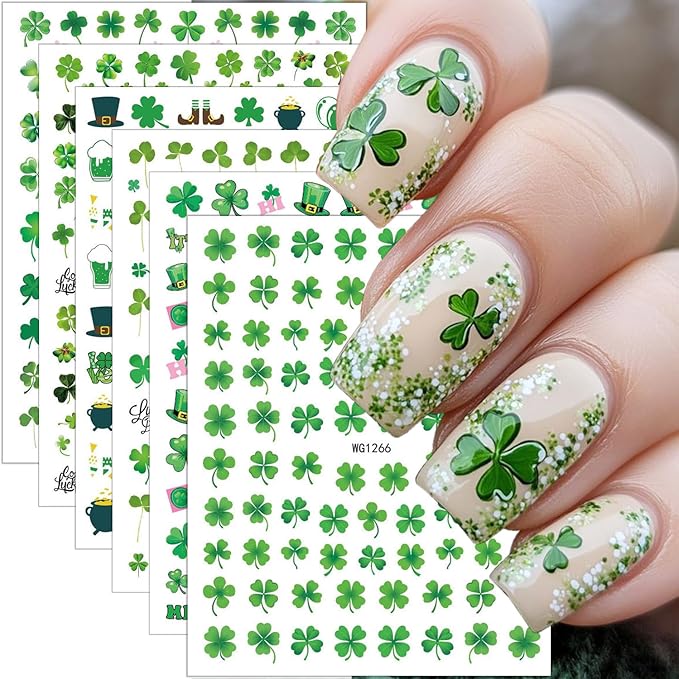 6 Sheets St. Patrick's Day Nail Art Stickers 3D Self-Adhesive Hats, Balloons, Horseshoes, Clover Nail Decals Lucky St Patricks Day Nail Stickers Gold Coins Flower Shamrocks Nail Art Decals for Women