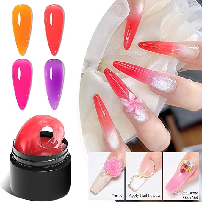 MEET ACROSS All-in-One Extension Mini Kit Non-Sticky Builder Gel Starter Kit WIth Base & Top Coat/Dual-Silicone Pen/Pro File/20-Pc Reusable Dual Forms Salon-Grade Extensions (Orange+Red+Pink+Purple)