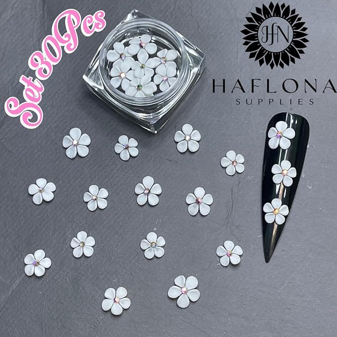 Set 30Pcs White 3D Flowers for Nails, Handmade 3D Acrylic Flowers for Nails, Flower Nail Charms Rhinestones Gems by Acrylic Powder Design Deco Nail Art Women Girls (White with Rhinestones-30Pcs)