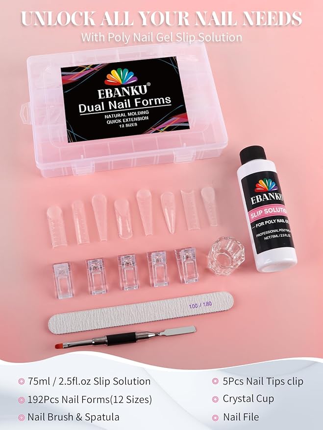 Poly Gel Nail Form Kit, EBANKU 192PCS Reusable Nail Extension Mold Dual Forms with 5Pcs Clips, 75ML Slip Solution, Brush Pen, File & Cuticle Pusher for Beginners, 8 Style 12 Sizes