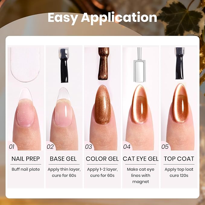 Beetles Gilded Lull Cat Eye Gel Nail Polish Set - 6 Colors Jelly Red Green Brown Purple Silver Cat Eye Glitter Gel Nail Kit Gold Powder Magnetic Soak Off UV Salon DIY Manicure Christmas Gift for Women