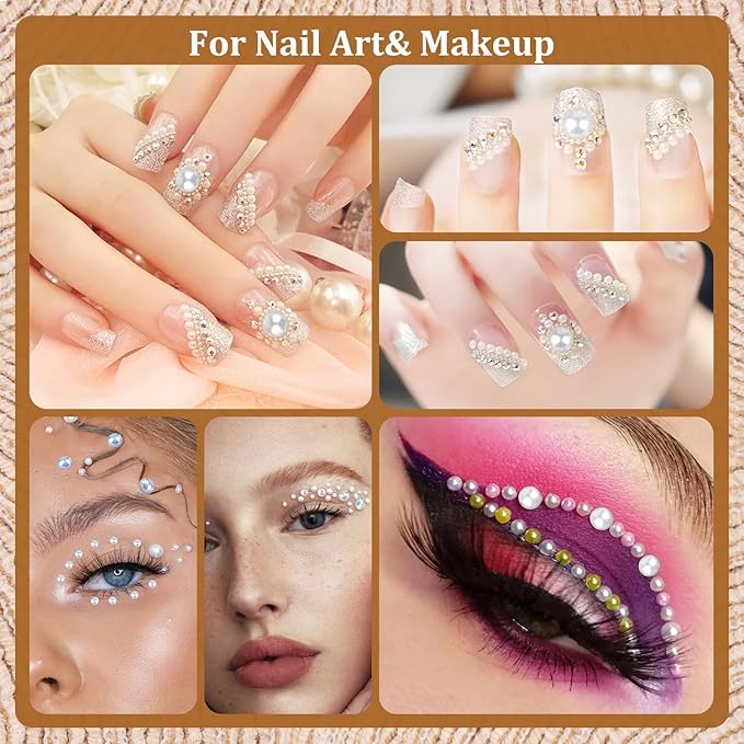 4 Boxes Flatback Pearls for Crafting, Flatback White Half Round Pearls 3-10mm with Pickup Pencil and Tweezer for Home DIY and Professional Nail Art, Face Makeup and Craft