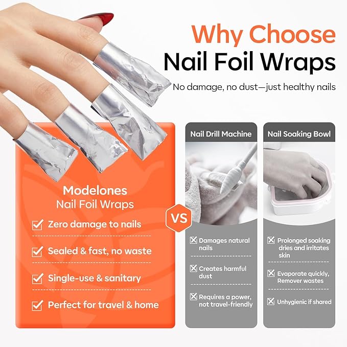 Modelones Nail Polish Remover Foil Wraps, 100 Pcs Pre-Cut Soak Off Gel Nail Remover Wraps with Cotton Pads for Gel & Acrylic Removal, Professional Nail Art for Home, Salon & DIY Use