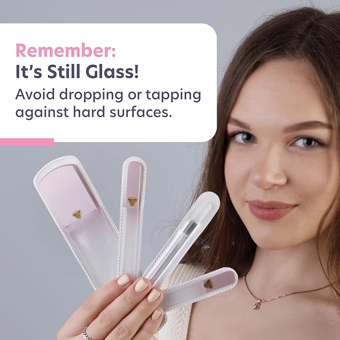 Bona Fide Beauty Handmade Czech Glass Manicure Pedicure Gift Set for Women, 4PC Gift Set in Rose Gold with Glass Foot File, Cuticle Pusher, Mini File and Regular Nail Filer