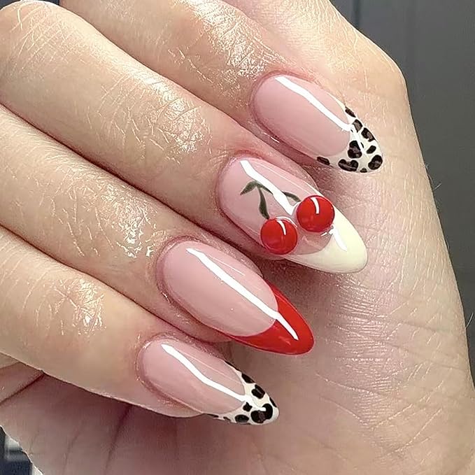 French Tip Press on Nails Medium Almond MABKJLF Cute Fake Nails Fruit False Nails with Designs Cherry Charms Leopard Print Glossy Glue on Nails Acrylic Nails Stick on Nails for Women Girls 24Pcs