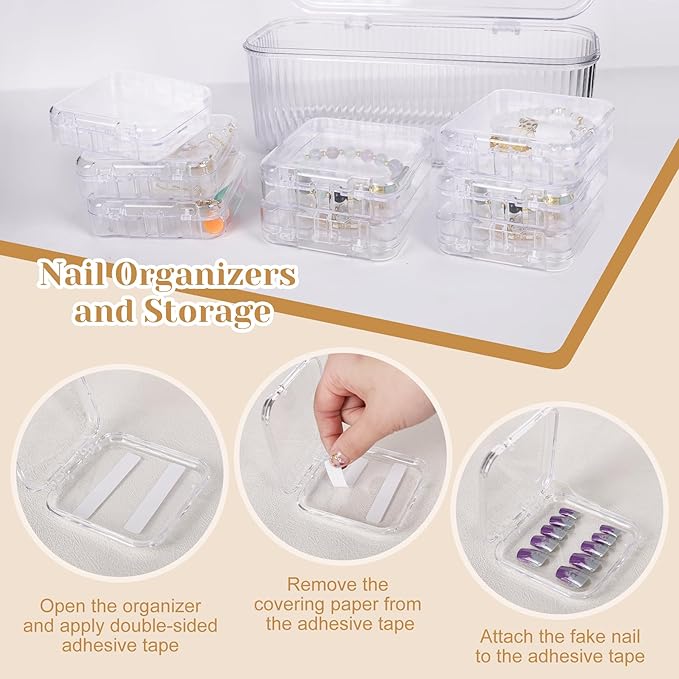 Inmorven Press on Nail Storage Box, 8 PCS Double Layer Organizer with 60 Adhesive Tapes, Clear Acrylic Display Case for Fake Nail Salon & Travel Use (8 PCS Double Layer)