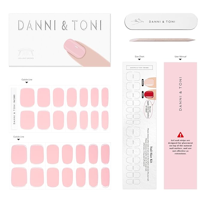 DANNI & TONI Semi Cured Gel Nail Strips Pale Pastel Pink Gel Nail Wraps 28 Stickers | Dreamy Blush