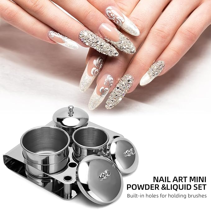 Acrylic Liquid Container 3 PCS Stainless Steel Acrylic Liquid Powder Cup with Lids Dappen Dish Liquid Powder Holder Container Nail Art Equipment Tools for Nail Design Tools (Silver)