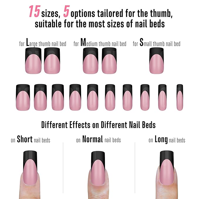NOVO OVO Halloween Black French Tip Nail Tips Slightly Curved Medium BERRY PINK Full Cover for Press on Acrylic, Extra Thick M Soft Gel False Nail, need Builder Gel Top Coat, for DIY 15 Sizes 240 pcs