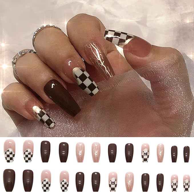 Pre-Designed Long Square Press on Nails Kit for Finger by Asenei, 168 Pieces, 7 Designs, with 2 Bottles Nail Glue and Nail tools, All in 1 Press on False Nails