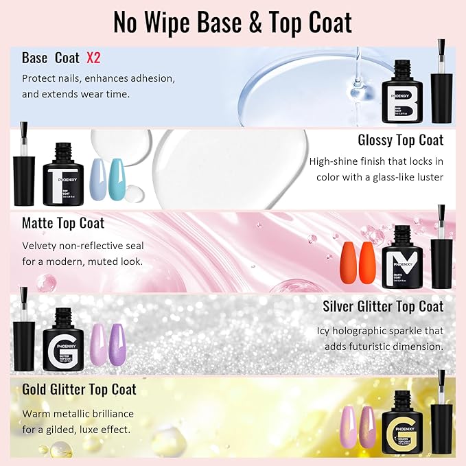 PHOENIXY 50 Pcs Gel Nail Polish Set, 42 Colors Gel Polish with Base & 4 Effects Top Coat All Seasons Nail Kit Gifts for Women Girls Nail Salon at Home