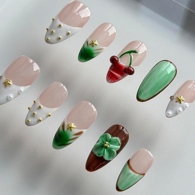 Luxury Press on Nails Medium Almond Handmade 3D Unique Reusable ABS Material Fake Nails French Tip False Nails with Designs Floral Cherry Rhinestones Pearls Glossy Glue on Nail Thick Acrylic Nail(S)