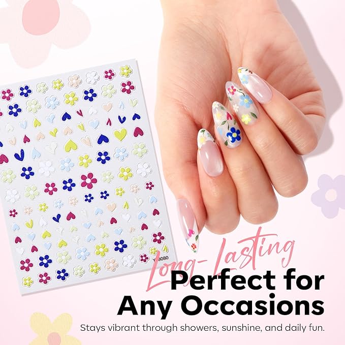 modelones Gel Polish Flower Nail Stickers, 3D Embossed Colorful Floral Daisy Heart Bunny Nails Supplies Flower Nail Art Design for Spring Easter Manicure DIY Nail for Women & Kids 5Pcs