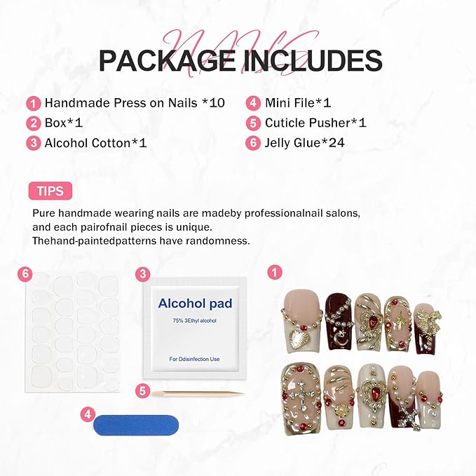 Handmade Press on Nails Medium Square Fake Nails White French Tip with 3D Rhinestone & Heart Designs Luxury Pearl Charm False Nail Full Cover Thickened Acrylic Nails for Women (Size M）