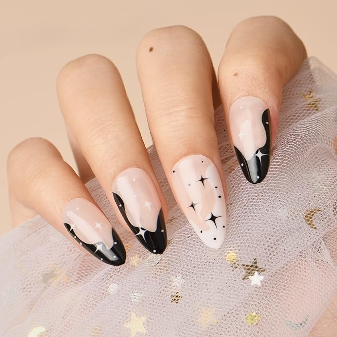 GLAMERMAID Black Press on Nails Medium Almond, Emo Crush Jelly Gel Gothic Stiletto False Glue on Nails Kit with Moon Star Desgin for Women, Reusable Short Oval Stick on Acrylic Fake Nail Manicure Set