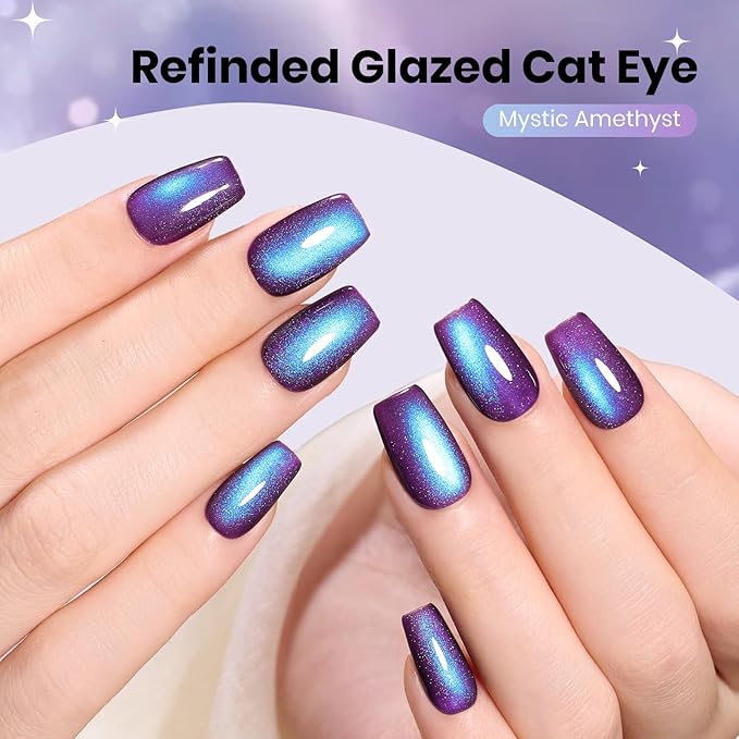 Beetles Mystic Amethyst Purple Cat Eye Gel Nail Polish - 15ML Purple Cat Eye Glitter Spring Gel Polish Magnetic Translucent Glassy Effect Soak Off UV Nail Art DIY Manicure Valentines Gift for Women