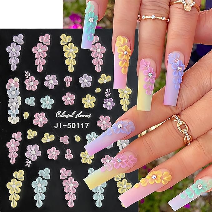 Nail Stickers, 5 Sheets Floral Nail Art Decals, Self-Adhesive 5D Embossed Designs for DIY Manicure