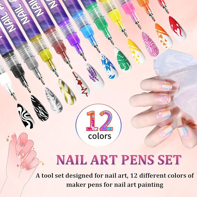 12 Color Nail Art Pens Set, 2026 New Nail Markers, 3D Waterproof & Quick-Dry 0.5mm Nail Polish Pens, Nail Art Marker Graffiti Dotting Pen for Nails Art Design Manicure Nail DIY Decoration