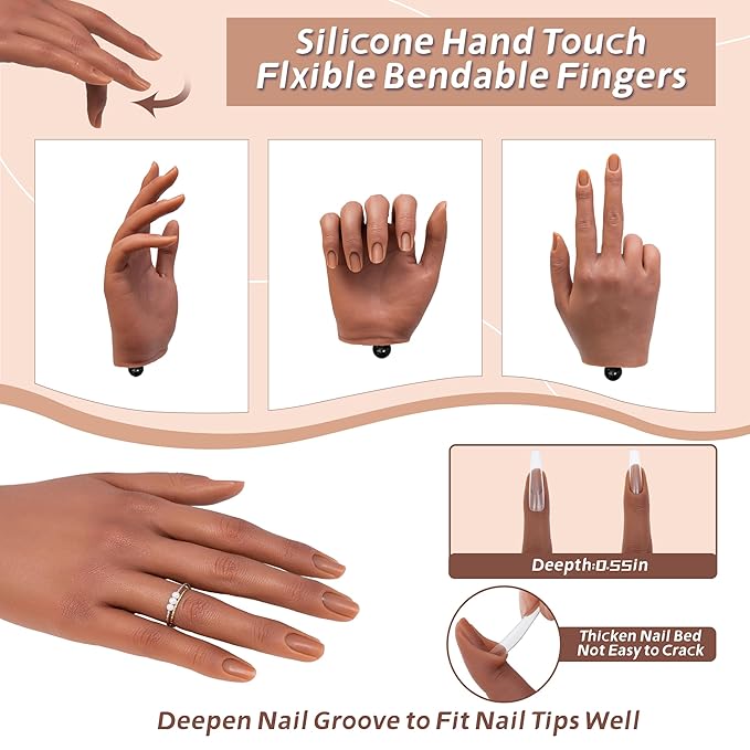 Practice Hand for Acrylic Nails, Realistic Silicone Training Hand with Flexible Fingers for Nail Art Practice,Professional Mannequin Hand Model Kit for Gel Polish