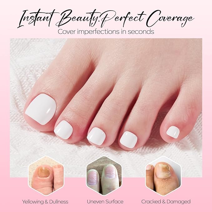 Modelones Press on Toenails Short, White Toe Press on Nails Square, Reusable Nail Kit with Nail Glue Adhesive Tabs Mini Nail File, Toe Nails 36Pcs 18Sizes, Spring Women Girl Gift