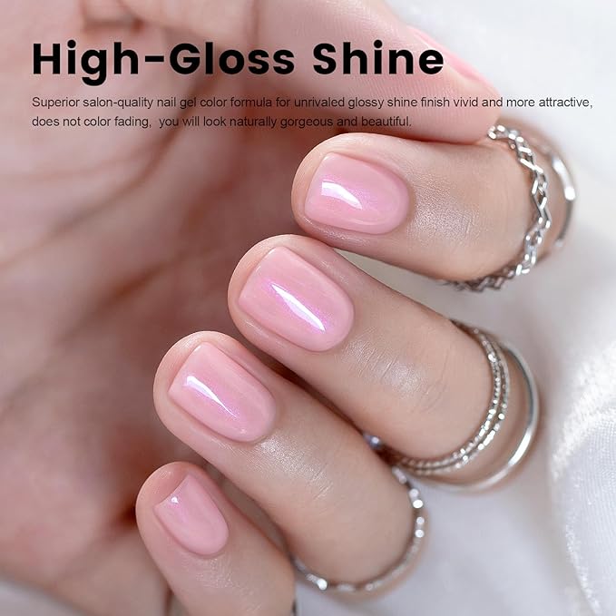 RARJSM Nude Pink Gel Nail Polish with Purple Pearl Glitter Clear Sheer Nude Shimmer Gel Polish 15ml UV LED Soak Off Transparent Soft Pink Color Home Salon French Manicure Varnish Curing Requires