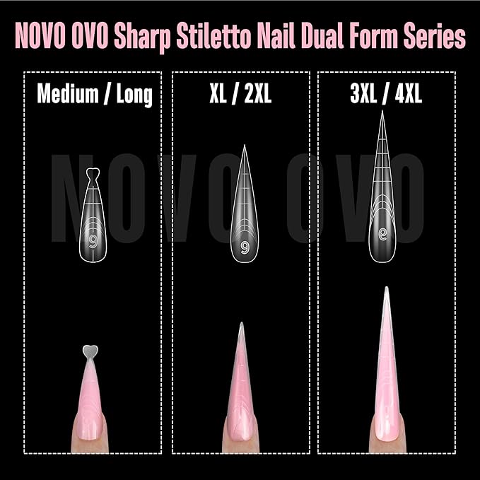 NOVO OVO Medium/Long Stiletto Pointed Nail Dual Forms for Polygel Extension, Reusable Full Cover Acrylic/Builder/Hard Gel Poly Gel Molds of Manicure Art for Salon DIY x 14 sizes 280 Pcs
