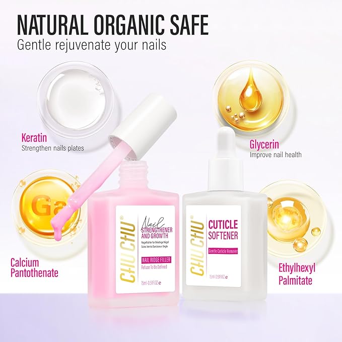 CHUCHU Nail Strengthener and Cuticle Remover Kit: 2pcs 15ml Protein Milky Pink Quick Dry Nail Repair Polish and Cuticle Softener for Peeling Gel-Damaged Nails