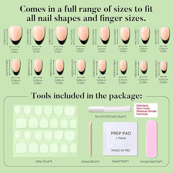 Luxbon Short Almond Press On Nails with No-Cure Nail Glue and Tool Kit – French Manicure Glue On Nails 25-30pcs Full Size Set, Reusable Fake Nails for Women, Salon Look at Home, Black