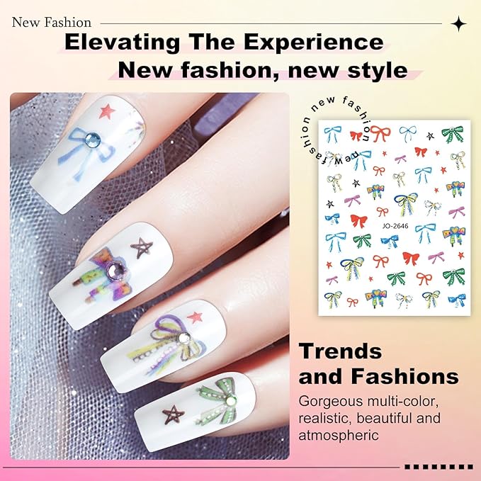 6 Sheets Bow Nail Sticker 3D Embossed Self-Adhesive Color Bow Art Nails Decals 5D Design Stickers Supplies for Women Girls Manicure Decoration 807-8