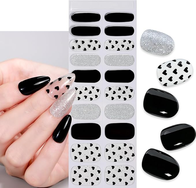 Valentine Day Semi Cured Gel Nail Strips 20Pcs Love Heart Gel Nail Stickers for Nail Art Black Heart with Silver Glitter Design Dark Black Full Wrap Gel Nail Strips Sticker UV Light for Manicure Salon