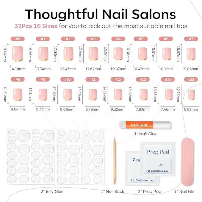 Modelones French Tip Press on Nails Short, Square Fake Nails, Reusable Nail Kit with Nail Glue Adhesive Tabs Mini Nail File, Nails Press Ons 32Pcs 16Sizes, Women Girl Gift, Golden Nude, Spring
