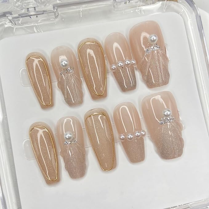 Handmade Press on Nails Glitter Gradient Press on Nails Medium Coffin False Nails Designs White Pearl 3D Water Ripple Fake Nails Glossy Full Cover Artificial Acrylic Nails for Women (Size M)