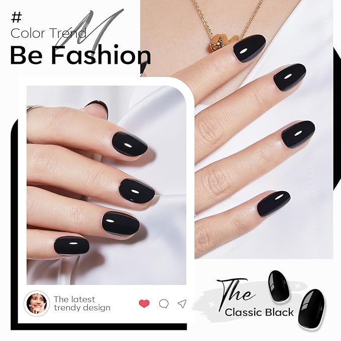 modelones Black Short Press on Nails, Oval Fake Nails Kit Press Ons with Nail Glue, Adhesive Tabs, Nail File, Prep Pad, Manicure Stick, 32Pcs 16 Sizes, Women Girl Gift