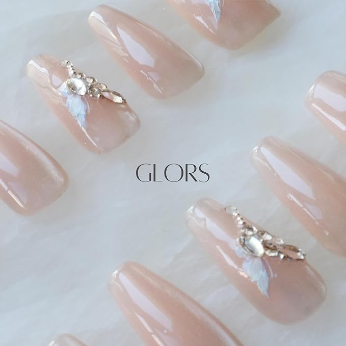 Press On Nails, Long Ballerina Coffin Shape, Nude Pink with Butterfly Rhinestone Design, Handmade False Nail 10 Pieces (Medium,LB)