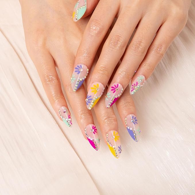LOVFUL Press on Nails Wild Blooming French Tip | Handmade with Full Covered Crystals | Reusable Fake Nails | Almond Regular 1.0 in | H156-M