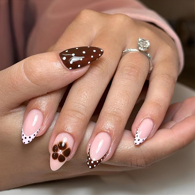 24Pcs Polka Dot French Tip Press on Nails Medium Almond Fake Nails Flower False Nails Nude Nails Press Ons Glossy Full Cover Stick on Nail Polka Dot Glue on Nail for Women Decoration Set 24Pcs