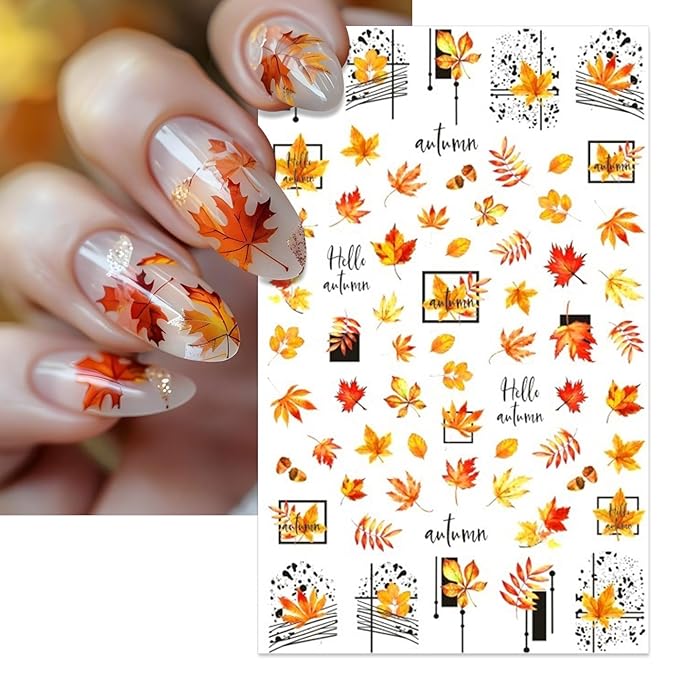 Fall Nail Stickers - Autumn Squirrel Pumpkin Leaves Self-Adhesive 3D Nail Decals for Women Girls DIY Thanksgiving Day Maple Manicure (6 Sheets)