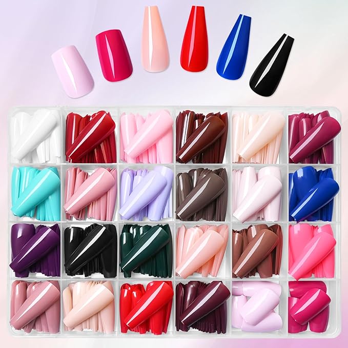 LoveOurHome 576pc Coffin Press on Nails Long Fake Nails Tips Full Cover Long Press on Coffin Acrylic Nails Press ons Nail Medium Ballerina Artificial Fingernails Colored False Nail for Women Girls